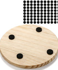 Round 4-inch unfinished wooden coaster with four black felt pads; includes sheet of 96 black foam dots.