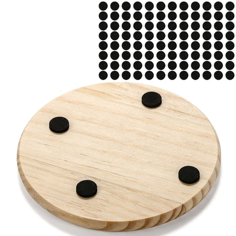 Round 4-inch unfinished wooden coaster with four black felt pads; includes sheet of 96 black foam dots.
