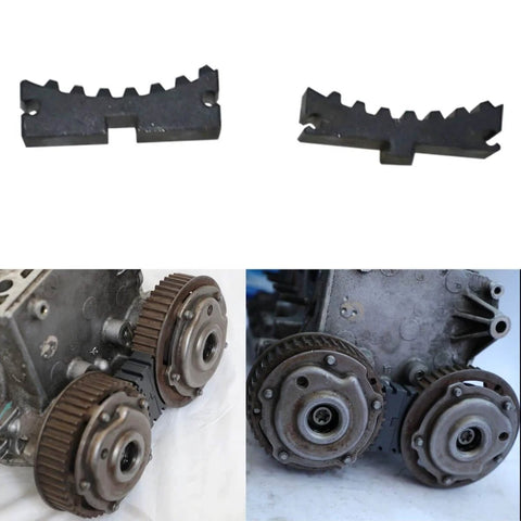All-In-One Camshaft Alignment And Timing Tool Kit For GM 16V 1.4L 1.6L 1.8L Engines, Includes 41mm Water Pump Wrench, Compatible With Chevy Cruze Aveo Orlando Corsa Astra Insignia Zafira Vectra Mervia Opel Fiat Alfa Romeo 159 shown in use and in component form.
