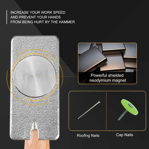 Heavy Duty Magnetic Roofing Hammer for Hands Free Hustle showing steel head with neodymium magnet designed for quick nail handling.