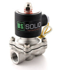 Front view of U.S. Solid stainless steel electric solenoid valve, 1/2 in, normally closed, black coil.