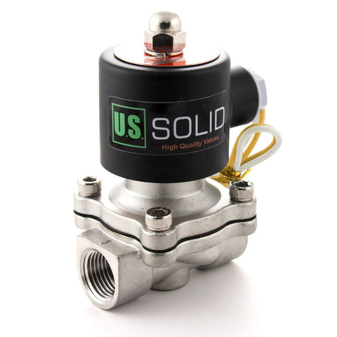 Front view of U.S. Solid stainless steel electric solenoid valve, 1/2 in, normally closed, black coil.