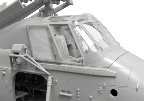 Close-up of cockpit details on 1/72 Westland Wessex HC.2 Plastic Model Kit For Aviation Enthusiasts Three Schemes Easy Build 1:72 Scale Military Helicopter