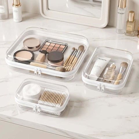 Heavy Duty Six Pack Clear Hard Shell Zipper Cases with cosmetics, brushes, and tools, assorted sizes on marble surface.