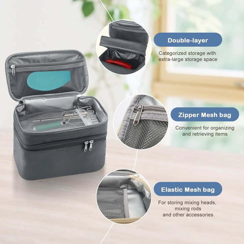 Swanky Double Layer Hand Mixer Case And Immersion Blender Storage Bag With Solid Carry Handle Slick Portable Travel Organizer For Kitchen Mixing Gear Gray showing double-layered design with organized pockets.