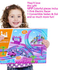 Girl holding box of Pink 177 Piece Flexible Track Car Toy Set For Girls Ages 3 4 5 6 With 360 Degree Rotating Tracks Princess Car Doll