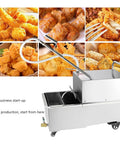 Commercial Workhorse Stainless Steel Deep Fryer Oil Filter Machine 55 Gallon Mobile Filtration Cart High Flow Pump with fried foods background.