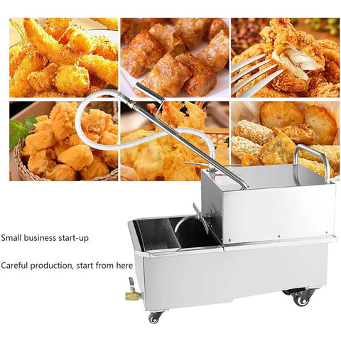 Commercial Workhorse Stainless Steel Deep Fryer Oil Filter Machine 55 Gallon Mobile Filtration Cart High Flow Pump with fried foods background.