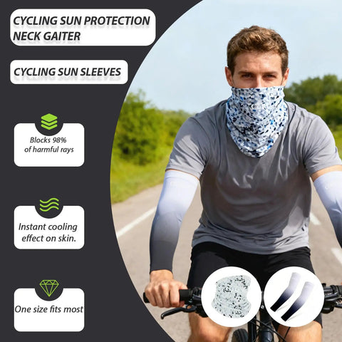 Man cycling wearing sun protection neck gaiter and sleeves, part of a 6 Piece Bike Accessories Kit For Men And Women Including Cycling Bag Bicycle Bag Gloves Waterproof Tail Light Ride Ready Mountain Road Gear And A Touch Screen Phone Holder With Responsive Window