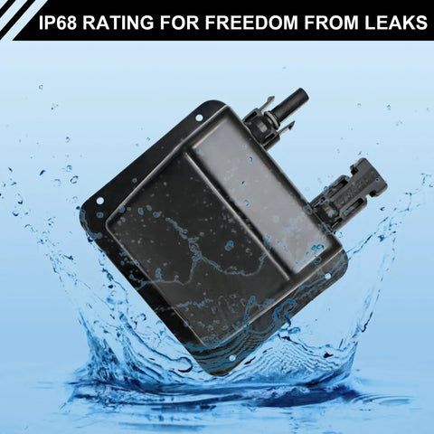 Black solar cable entry gland with IP68 rating showing waterproof feature, UV resistant, 10AWG cable, for RVs, boats, campers, vans