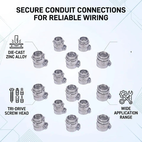 Heavy Duty 20 Piece 1 Inch Squeeze Conduit Connectors For Fmc Electrical Systems Die Cast Zinc Alloy displayed in a grid layout.