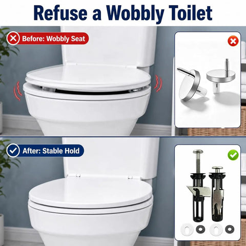 Six Pack Heavy Duty Toilet Seat Replacement Bolt Kit Featuring Rock Solid 304 Stainless Steel Fasteners For Universal Bathroom Fixtures, before and after stability comparison