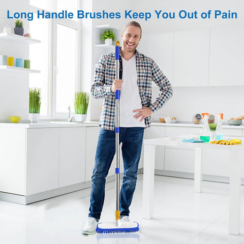 Man holding Extendable Floor Scrub Brush 12 Inch Wide Heavy Duty Grime Busting Two In One Scrub And Squeegee Deck Brush in kitchen
