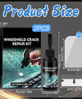Windshield Crack Repair Kit 2025 Upgrade Nano Glass Repair Liquid packaging with bottle and components, product size details.