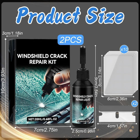 Windshield Crack Repair Kit 2025 Upgrade Nano Glass Repair Liquid packaging with bottle and components, product size details.