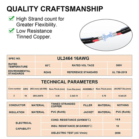 Low Voltage Landscape Lighting Wire 16 AWG 2 Conductor Oxygen-Free Copper, 100 Ft PVC Jacket, technical specifications