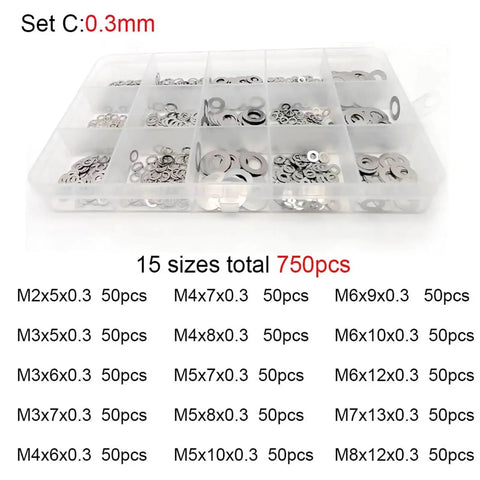 Ultra Thin Flat Washer Set In 304 Stainless Steel M2 Through M8 Assortment Kit 500 750 1200 Pcs Plain Gasket Shims For Precise Fits Workhorse Spacers For DIY Auto And Machinery Projects, 15 sizes 750pcs organizer