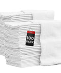 Pro Grade Auto Shop Towels 100 Pack Lint Free 14x14 Bulk Rags Made From 100 Percent Cotton, stack of white cleaning towels.