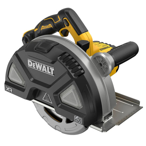 Heavy Duty 18 Volt Cordless Circular Saw Packs A Brushless Motor For Razor Sharp Metal Cutting and safety button for cutting metal.