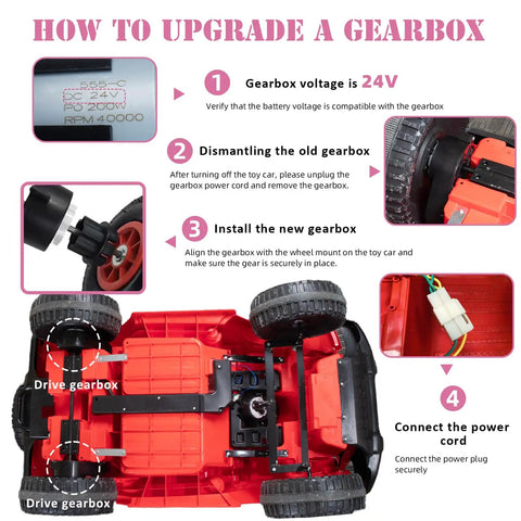 Illustration showing 24V RS555 High Speed Motor Gearbox Upgrade Kit steps for kids’ ride-on electric cars; includes gearbox photos and instructions.