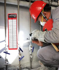 Person using Heavy Duty Red Ladder Inspection Labels 120 Pack Real Deal Safety Stickers for job site checks in warehouse.