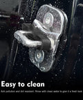 Heavy Duty Silicone Car Door Slam Blockers Four Piece Set Universal Vehicle Shock Absorbers For Zero Thud Rides Smoother Panel Closes And Rust Shield In Glossy Black mounted on a door striker.