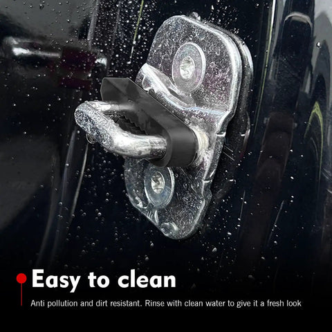Heavy Duty Silicone Car Door Slam Blockers Four Piece Set Universal Vehicle Shock Absorbers For Zero Thud Rides Smoother Panel Closes And Rust Shield In Glossy Black mounted on a door striker.