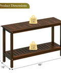 All Weather Patio Bar Table And Console With Two Shelves, 48 Inch Solid Wood Indoor Outdoor Multipurpose Buffet Storage Organizer, Espresso Finish, Adjustable Feet, Durable Outdoor Ready with dimensions and weight capacity.