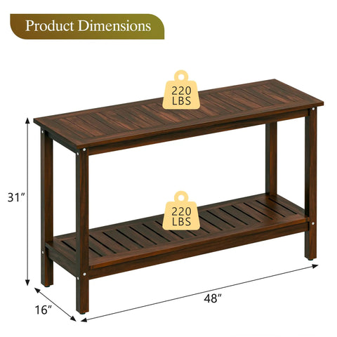 All Weather Patio Bar Table And Console With Two Shelves, 48 Inch Solid Wood Indoor Outdoor Multipurpose Buffet Storage Organizer, Espresso Finish, Adjustable Feet, Durable Outdoor Ready with dimensions and weight capacity.