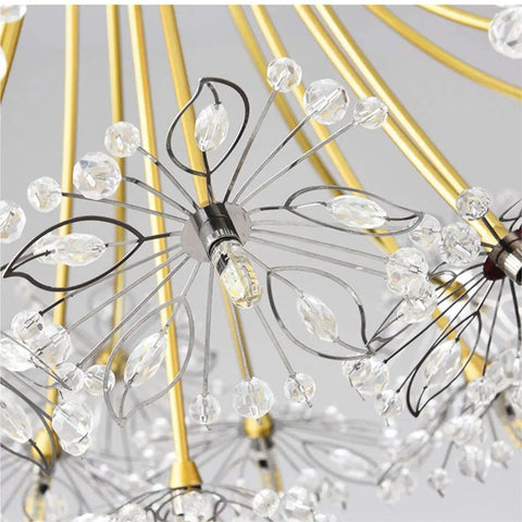 Close-up of Firework Crystal Chandelier Pendant Light with gold rods, crystal details, and G4 bulb for living room or kitchen.