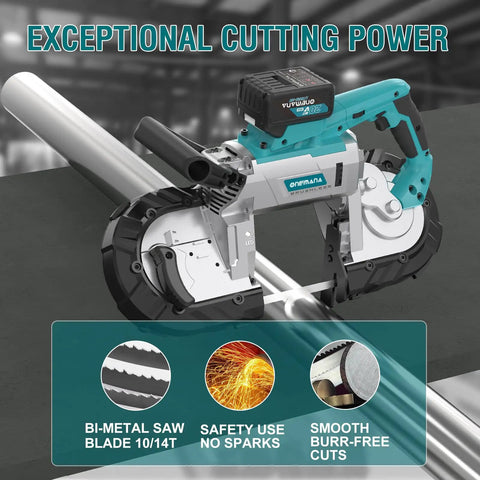 5 Inch Cordless Band Saw With 20V Brushless Motor cutting metal pipe, portable deep cut tool for wood and metal, 6 speeds