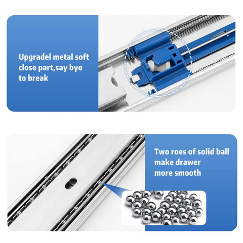 Close-up of upgraded metal soft-close mechanism and solid ball bearings of 12 Pairs 22 Inch Soft Close Drawer Slides For Heavy Duty Cabinets, 100 Lb Capacity, Full Extension, Ball Bearing Rails, Quiet Operation, Durable Drawer Slides For Smooth, Reliable Performance.