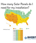Map showing solar panel installation zones in the US, labeled by Ghost Controls, with different color codes for efficiency.