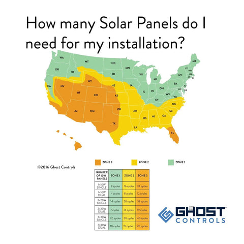 Map showing solar panel installation zones across the United States by Ghost Controls with color-coded regions.