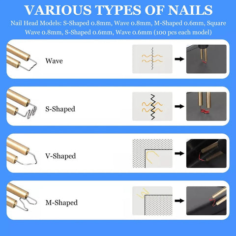 Various types of nails for plastic welding tool with different shapes and sizes, including wave, S-shaped, V-shaped, and M-shaped models.