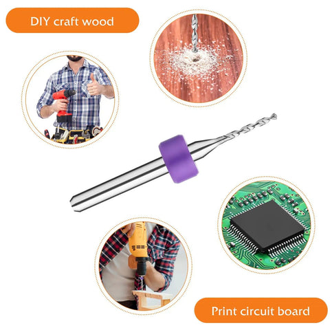 Pro Grade Micro Drill Bit Set 0.3-1.2mm Tungsten Carbide Bits showing use for PCB engraving, wood drilling, and CNC routing