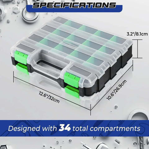 Two Pack 34 Compartment Double Sided Parts Organizer Case All In One For Hardware Screws Bolts Nails Nuts Beads Jewelry Craft Supplies And Fishing Gear Durable Plastic Storage Box Green with clear lids and dimensions shown.