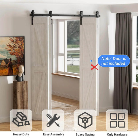 10Ft Bi Folding Sliding Barn Door Hardware Kit For Four Doors Black Track With J Shape Rollers installed in a room