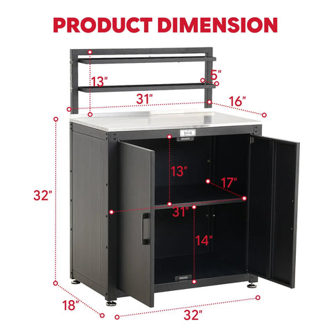 Outdoor Potting Bench With Storage Cabinet And Stainless Steel Work Surface Garden Workstation dimensions shown