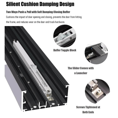 Close-up of adjustable flush sliding barn door hardware kit with wall mount no floor aluminum track showing buffer toggle block and screws