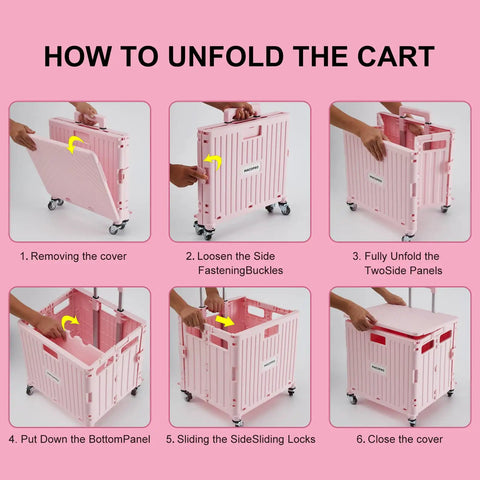 Step-by-step guide to unfold foldable utility cart with four swivel wheels and lid, portable rolling handcart, pink color.