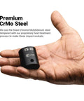 Hand holding 15/16 impact socket, highlighting chrome molybdenum steel. "One And One Eighth Inch Shallow Impact Socket For Half Inch Drive, Six Point SAE High Torque Power Tool Socket, Chrome Molybdenum Steel, Heat Treated, Manganese Phosphate Coated For Heavy Duty Durability" text in background.