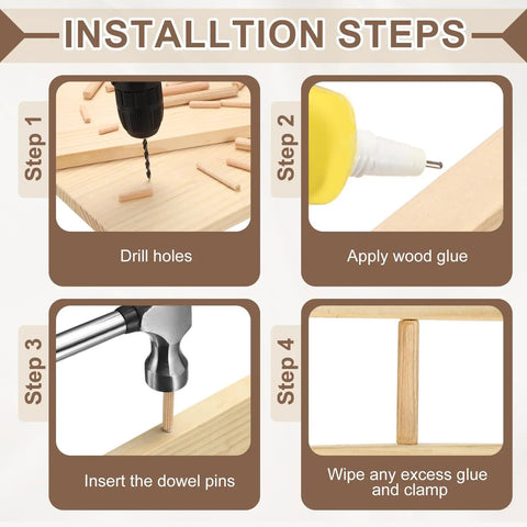 Installation steps for Top Shelf Hardwood Dowel Pins 3/16 Inch By 13/16 Inch Straight Wood Rods 60 Pack DIY projects.