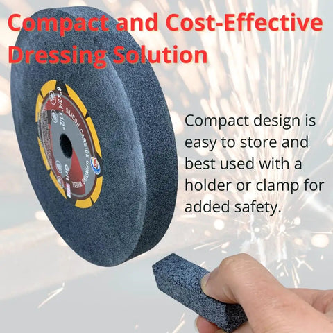 Image of a grinding wheel with abrasive stick, part of Three Piece Pro Grade Grinding Wheel Dressing Tool Set With Abrasive Sticks For Bench Grinder Wheel Dressing, Sharpening, Restoring And Reshaping, Silicon Carbide Material For Metal Masonry Stone Surfaces.