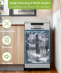No Sweat Portable Dishwasher In Brushed Platinum Steel Compact Countertop Appliance Featuring Eight Place Settings Basket Tray And Whisper Quiet Cycle For Breezy Daily Washing, shown in kitchen setting.