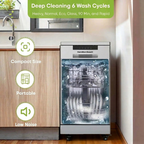 No Sweat Portable Dishwasher In Brushed Platinum Steel Compact Countertop Appliance Featuring Eight Place Settings Basket Tray And Whisper Quiet Cycle For Breezy Daily Washing, shown in kitchen setting.