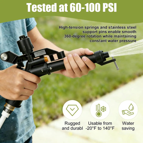 Person holding 360 Degree Rocker Arm Sprinkler System for Yard and Farm Irrigation with 50 feet spray reach