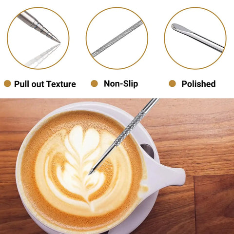 Stainless Steel Milk Frothing Pitcher 12oz 350ml With V Sharp Mouth For Latte Art Barista Ready Milk Jug Cup For Cappuccino Latte Macchiato Pro Grade Pouring Rust Proof Easy Clean Decorating Pen Included shown with a latte art pen above a cappuccino.
