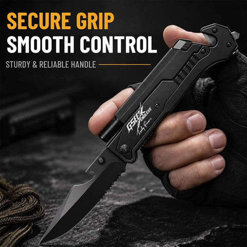 Hand holding 7 In 1 Dope Multitool Pocket Knife With LED Light And Glass Breaker And Fire Starter 440C Steel Folding Knife for camping