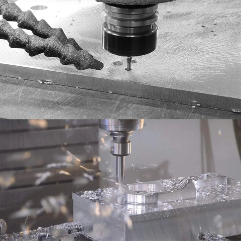 SpeTool 3-flute carbide end mill for aluminum; 1/2 in shank, extra-long 4 in, CNC upcut milling tool, two views
